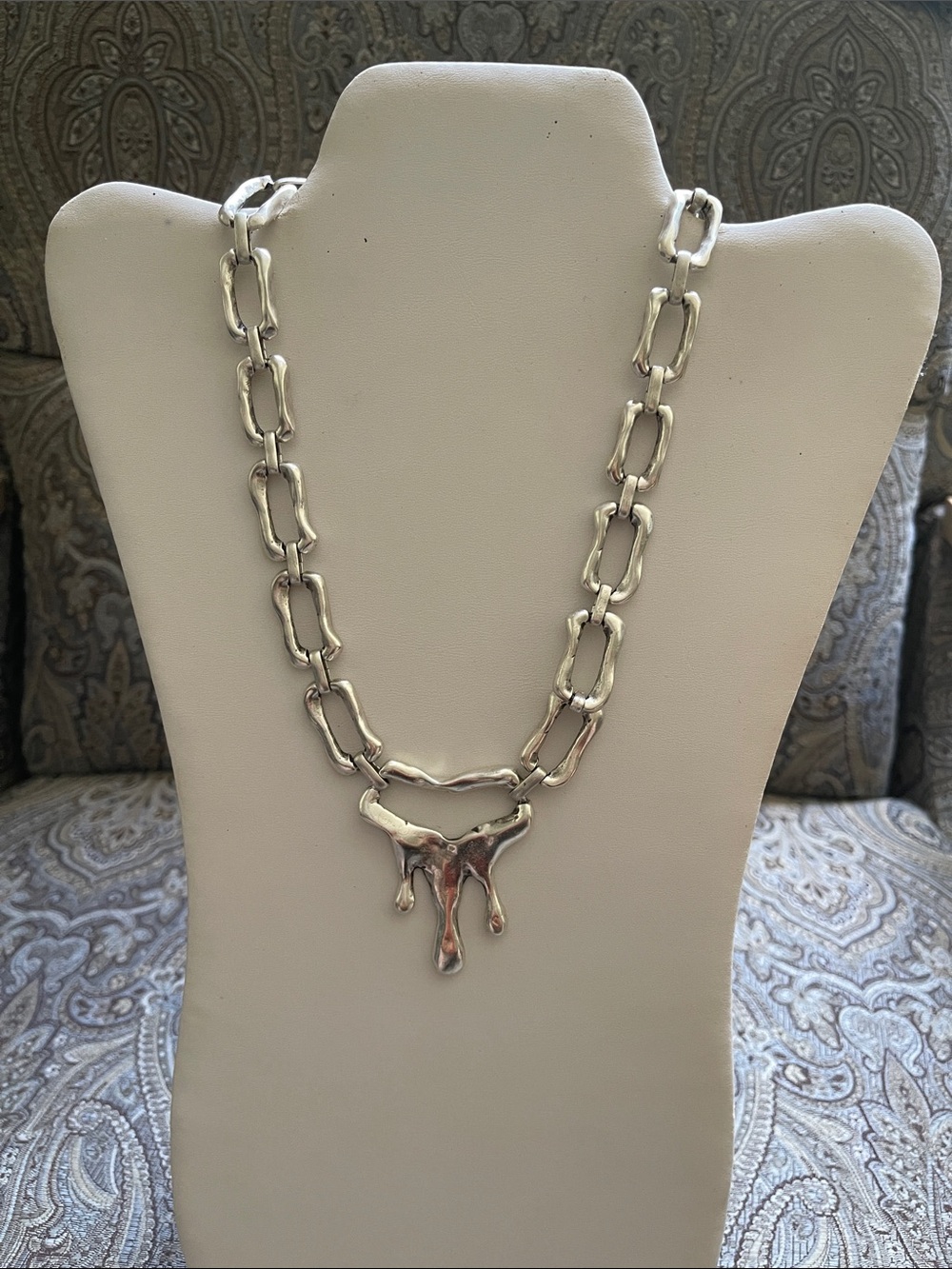 Silver Plated Link Chain Necklace with Organic Drop Pendant